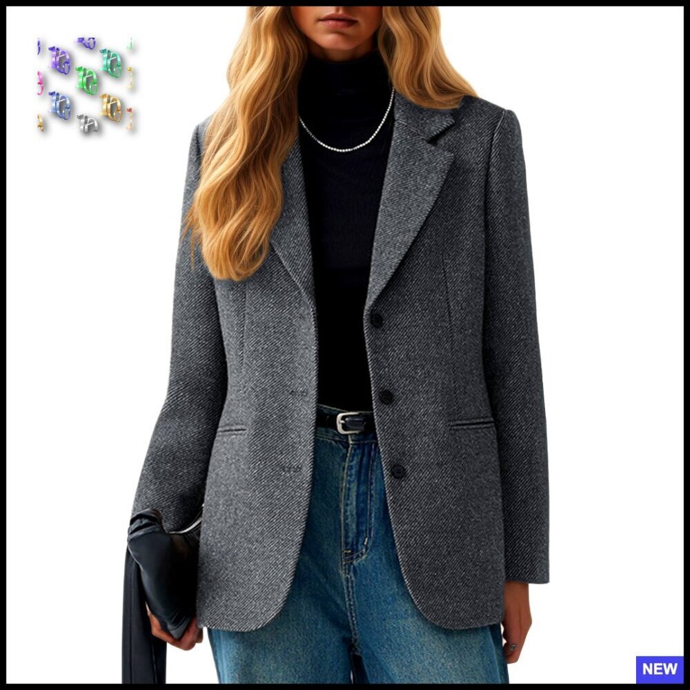 Herringbone Tweed Blazer Lapel Collar Business Casual Office Jacket Pockets